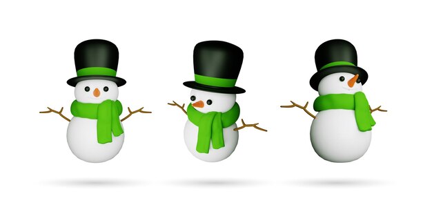 Photo set of 3d christmas snowman 3d icon snowman wearing hat and scarf 3d illustration