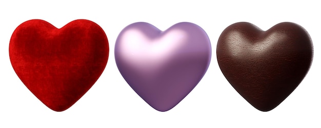 Set of 3D fabric hearts isolated on white Red velvet purple satin Symbol of Love and Valentines Day