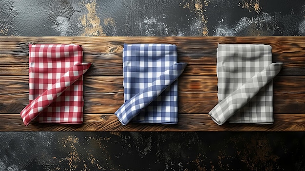 Set of 3d folded tablecloths with plaid pattern and linen napkins isolated on white background with gingham tablecloths and white kitchen towels