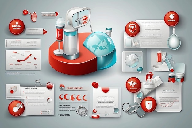 Foto set di elementi infografici 3d lucidi di oggetti medici per la salute