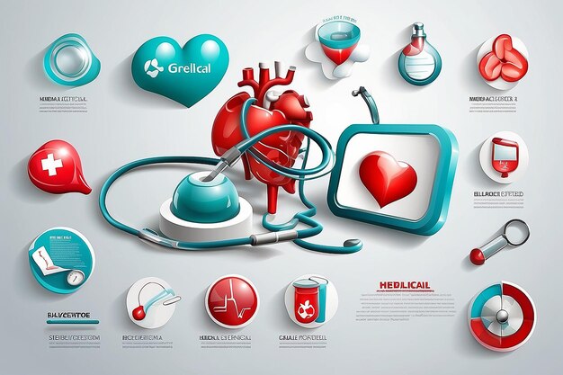 Photo set of 3d glossy infographic elements of medical objects for health