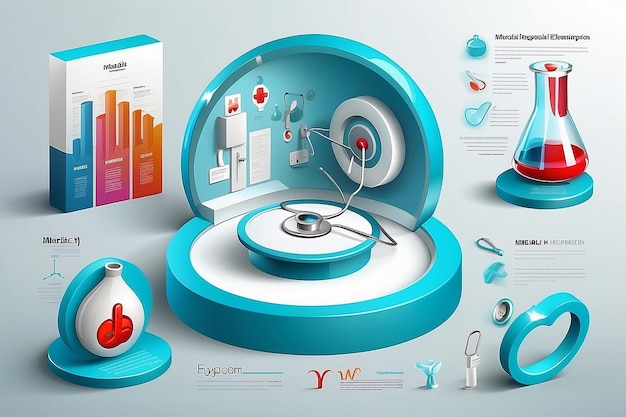 Photo set of 3d glossy infographic elements of medical objects for health