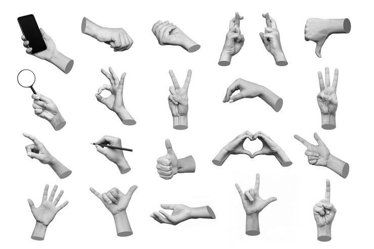 Photo set of 3d hands showing gestures ok peace thumb up dislike point to object shaka rock writing