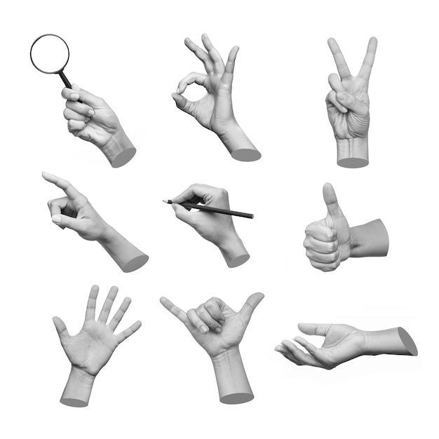 Набор трехмерных рук, показывающих жесты, такие как ок, мир, большой палец вверх, указатель на объект, шака, пишущая лупу