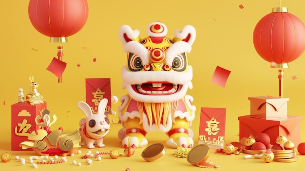 Набор иллюстрированных в 3D элементов китайского Нового года, изолированных на желтом фоне, включает в себя красные конверты, монеты, золотые слитки, кролики, танцующие танец льва.