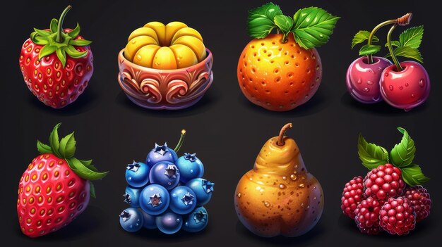 Set of 3d modern cartoon fruit icons Suitable for gaming gambling lotteries mobile puzzles and UI elements Plums bananas cherries blueberries pear oranges lemons and strawberries