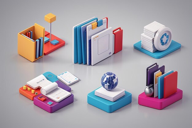 Photo set of 3d office icon business and finance concept