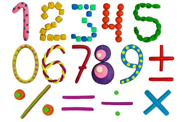 Un insieme di numeri di plastilina 3d e segni matematici, simboli. matematica per bambini. divertente