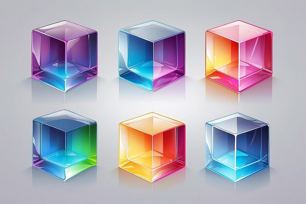 Photo set of 3d transparent glossy cubes with dispersion effect rainbow colors reflection glass vector illustration