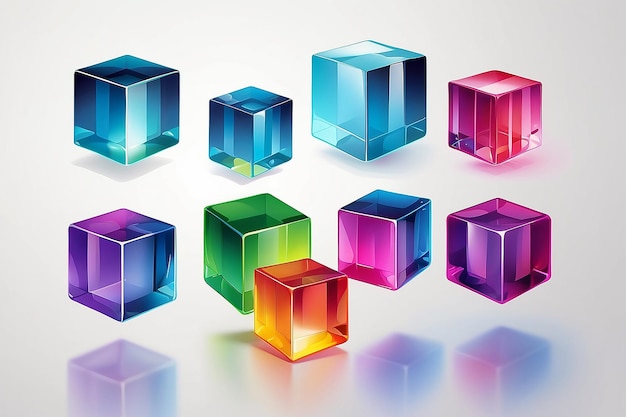 散乱効果を持つ3Dの透明な光沢のあるキューブのセット 虹色の反射ガラス ベクトルイラスト