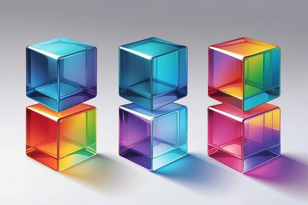 Set of 3d transparent glossy cubes with dispersion effect Rainbow colors reflection glass