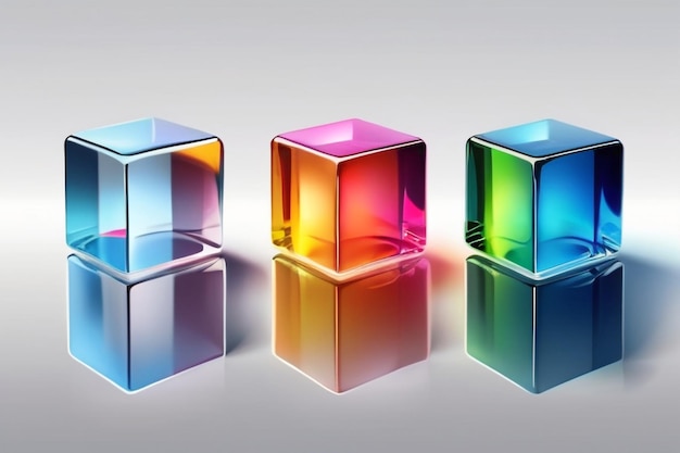 Set of 3d transparent glossy cubes with dispersion effect Rainbow colors reflection glass