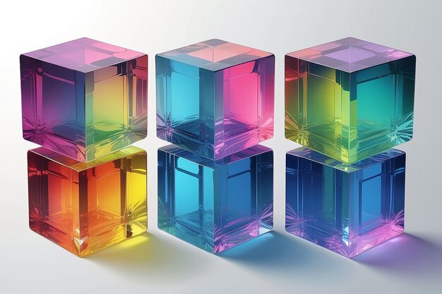 Photo set of 3d transparent glossy cubes with dispersion effect rainbow colors reflection glass