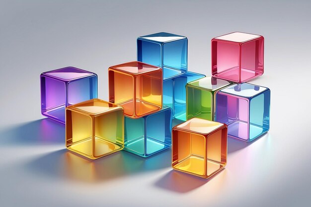 Photo set of 3d transparent glossy cubes with dispersion effect rainbow colors reflection glass