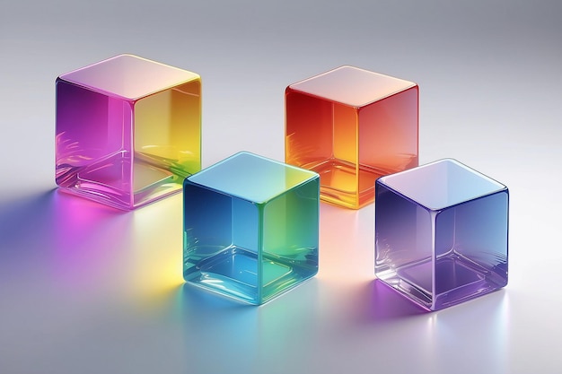 3D 透明の光沢のあるキューブのセット 虹の色の反射ガラス