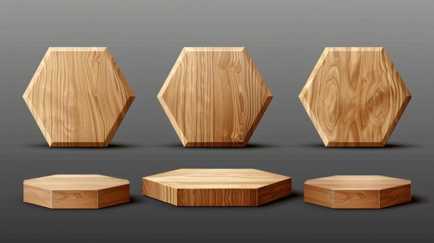 Set of 3D wooden platforms isolated on transparent background Modern realistic illustration of a cube and hexagonal wood podium for product presentation award stand or natural sample mockup