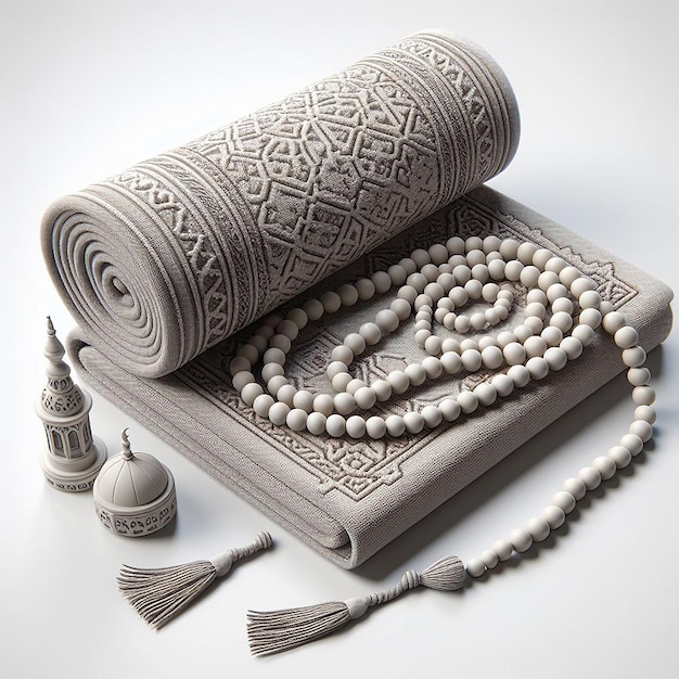 Набор из 3D-рендерированных молитвенных бусин Tasbih и сложенного молитвенного коврика на белом фоне