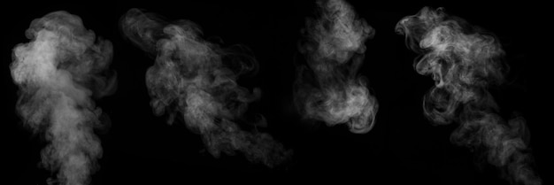 A set of 4 different steam smoke gas isolated on a black background Swirling writhing smoke to overlay