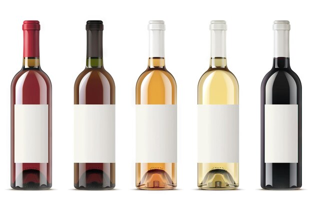 Set 5 bottles of wine with white labels isolated on white background