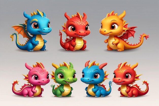 Set of 5 little cute dragons cartoon character design for Chinese new year 2024