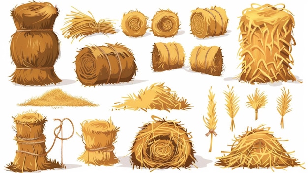 A set of 6 haystacks isolated on white background Modern illustration of straw bales piles of straw sacks of dry grass rural barn design elements farm animal fodder harvest season