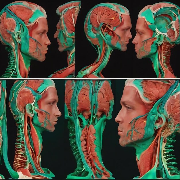 Set of 6 sagittal green colored mri scans of neck area of caucasian 34 years old male with bilateral