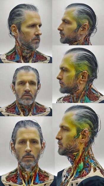 Photo set of 6 sagittal green colored mri scans of neck area of caucasian 34 years old male with bilateral