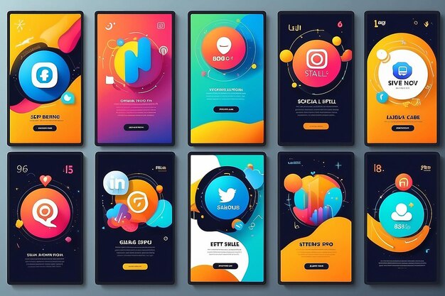 Foto set di 6 storie di social media e poster di app per dispositivi mobili
