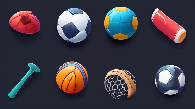 Photo a set of 8 colorful sports equipment icons