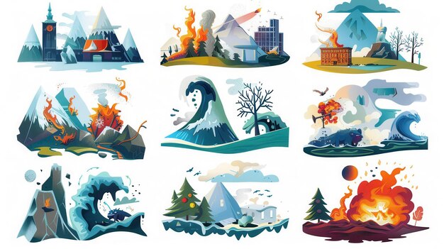 Photo a set of 9 flat illustrations of natural disasters hurricanes forest fires floods earthquakes and snow blizzards generative ai