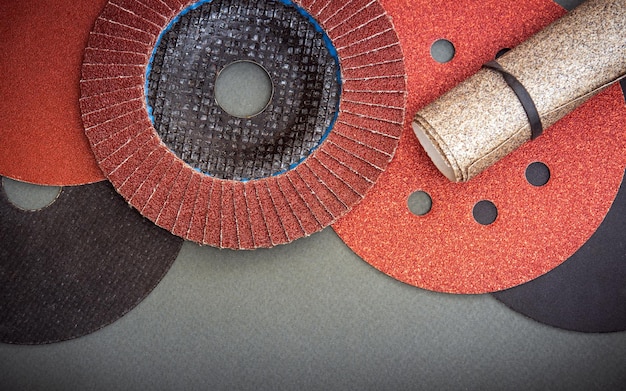 Set of abrasive tools and sandpaper used for cleaning or grinding products Industrial tools