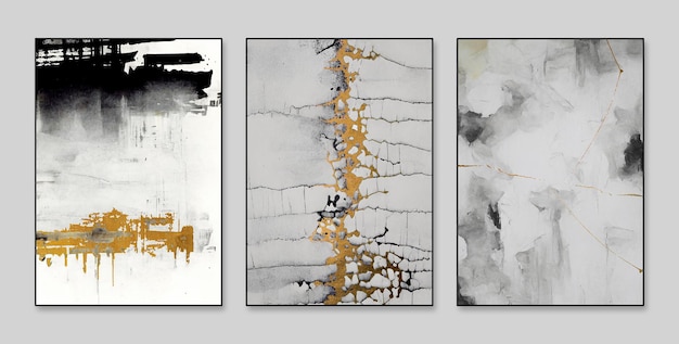 A set of abstract art with gold and silver paint