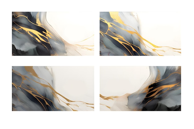 抽象的なバナーのセット高級抽象流体アート絵画背景アルコール インク技術ネイビー ブルーとゴールドは白と透明な背景に分離 ai 生成