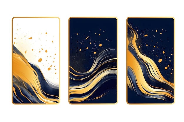 set of abstract banners Luxury abstract fluid art painting background alcohol ink technique navy blue and gold isolated on white and transparent background ai generate