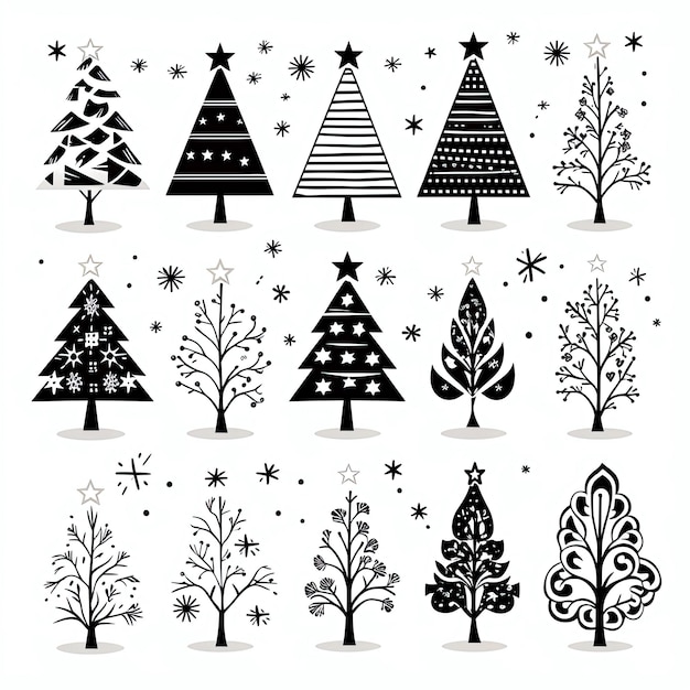 Photo set of abstract christmas trees black and white illustration hand drawing winter fir tree sketch