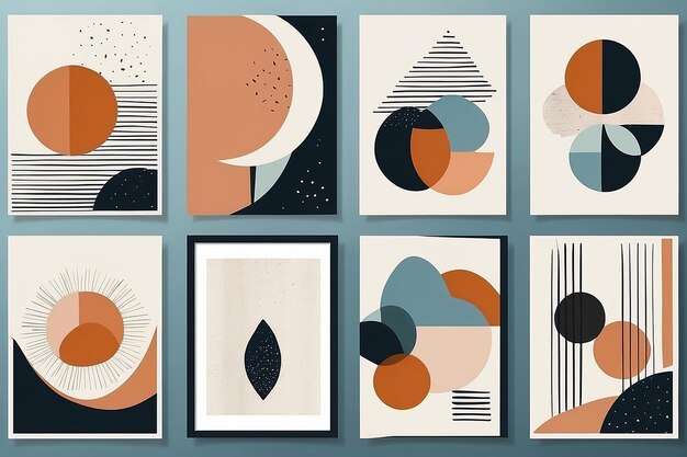 Set of abstract contemporary mid century posters with geometric shapes33333