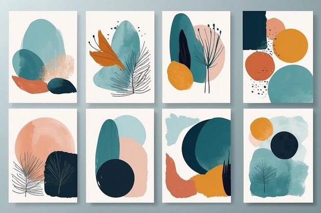 Set of abstract creative minimalist handpainted illustrations for wall decoration postcard