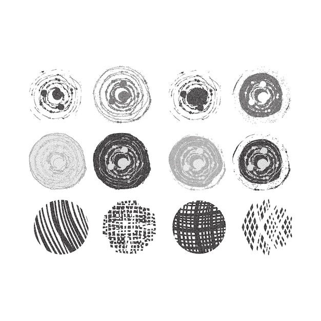 Set of abstract grunge halftone elements. Dotted splashes or blots on white background.