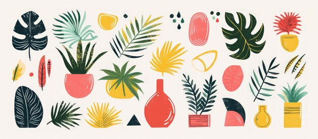 Set of abstract hand drawing tropical plant leaf shapes illustration AI generated image