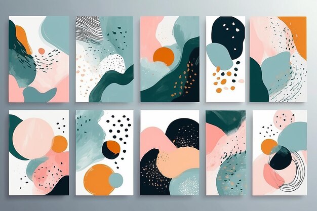 Photo set of abstract hand painted illustrations for postcard social media banner brochure cover design or wall decoration background modern abstract painting artwork