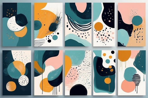 Set of Abstract Hand Painted Illustrations for Wall Decoration Postcard Social Media Banner