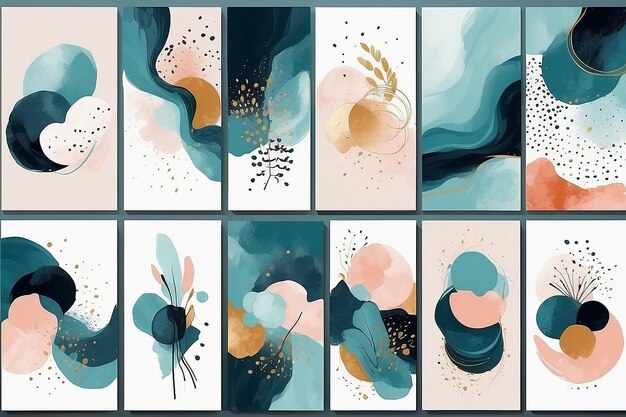 Set of Abstract Hand Painted Illustrations for Wall Decoration Postcard Social Media Banner