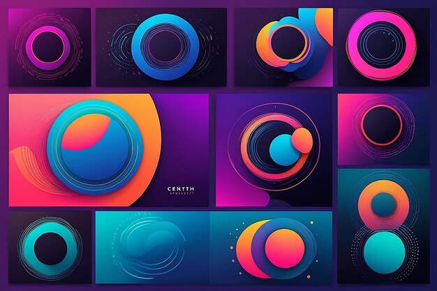 Photo set of abstract modern graphic circle elements dynamical colored around forms and line