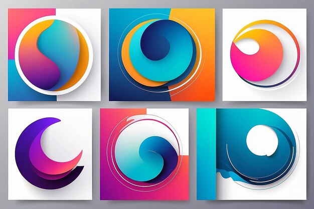 Set of abstract modern graphic circle elements Dynamical colored around forms and line