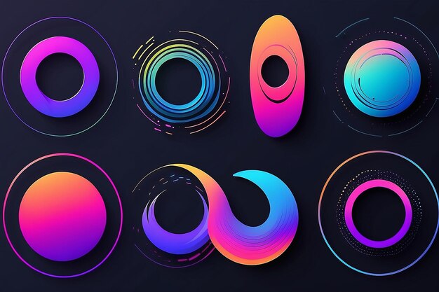 Photo set of abstract modern graphic circle elements dynamical colored around forms and line