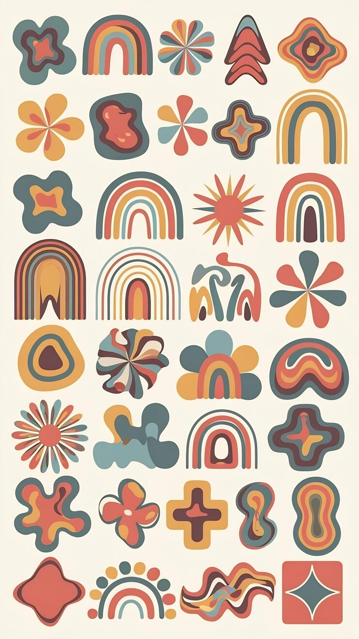 Photo set of abstract shapes made from small colorful liquid shapes cartoon style