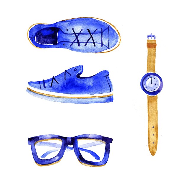 Photo set of accessories in retro style watches glasses and shoes watercolor illustration