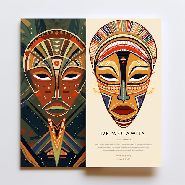 Photo a set of african tribal mask wedding invitation card mask shape recyc 2d flat art watercolor typo
