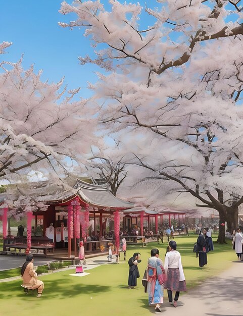 set against the backdrop of ancient temples and vibrant cherry blossom trees with colorful stalls