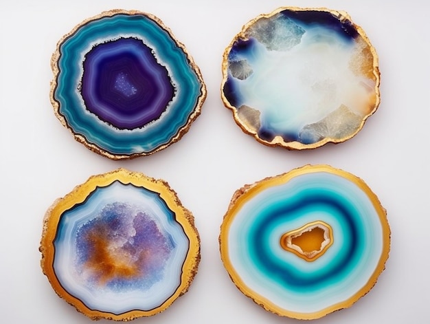 A set of agate slices sit on a white surface.